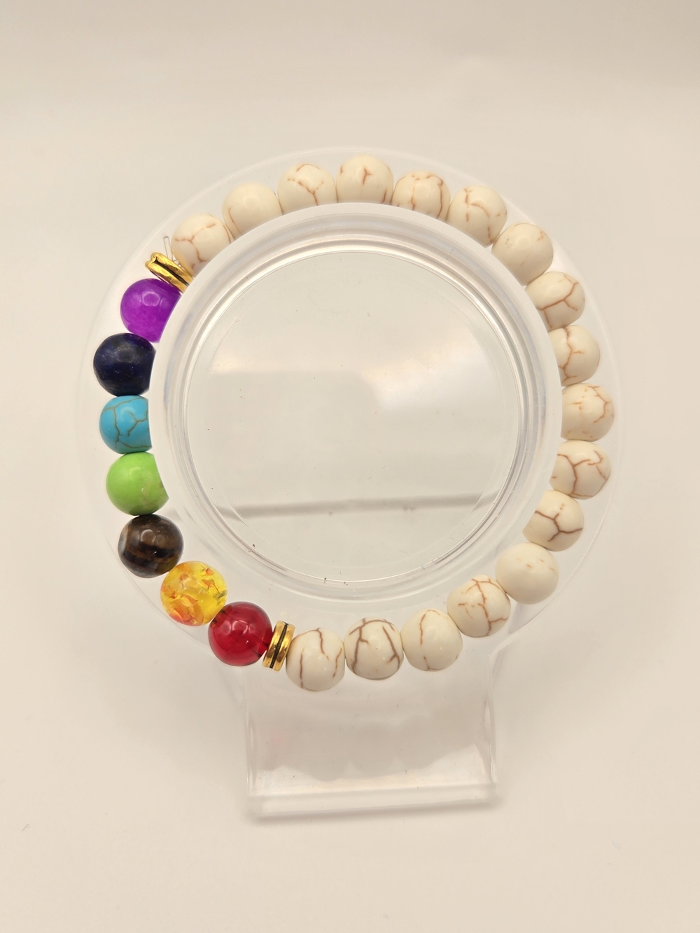 8mm Hand Crafted White Glass Stretch Bracelet with Rainbow Accent Beads